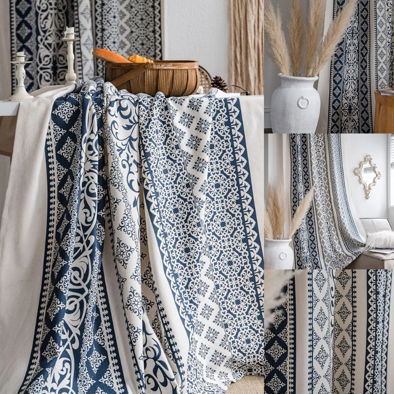 Сине-белые фарфоровые затемняющие шторы с принтом в стиле бохо хлопковые
