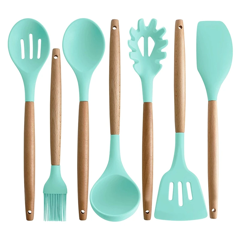 Kitchen Utensils Silicone Wooden Handle Non-Stick Cookware Heat-Resistant Spatula Spoon Tool Set | Дом и сад