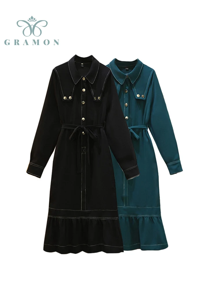 

Spring Autumn Korean Chic Plus Size Midi Dress Turn-down Collar Solid Color Office Lady Lace Up Mermaid A-line Woman Vestidos