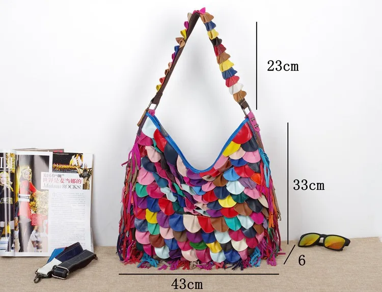 

Colorful Tassel Genuine Leather Shoulder Bags Cross Body Hobos Bag Sheepskin