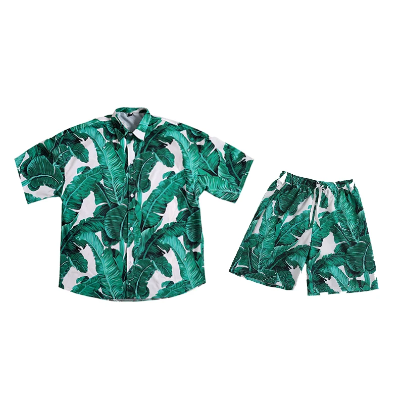 

Summer Casual Suit Mens Hawaiian Beach Sets Vacation Clothing Turn-Down Collars Palm Leaves Print Shirts+Shorts Fashion Mens Set