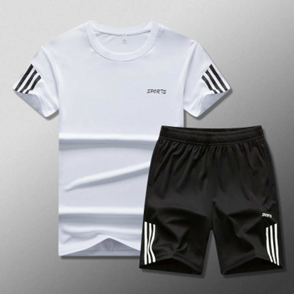 

Mens Summer Breathable Mesh Short T-Shirt + Shorts Quick-Drying Two-Piece Basketball Football Casual Sportswear New Running Suit