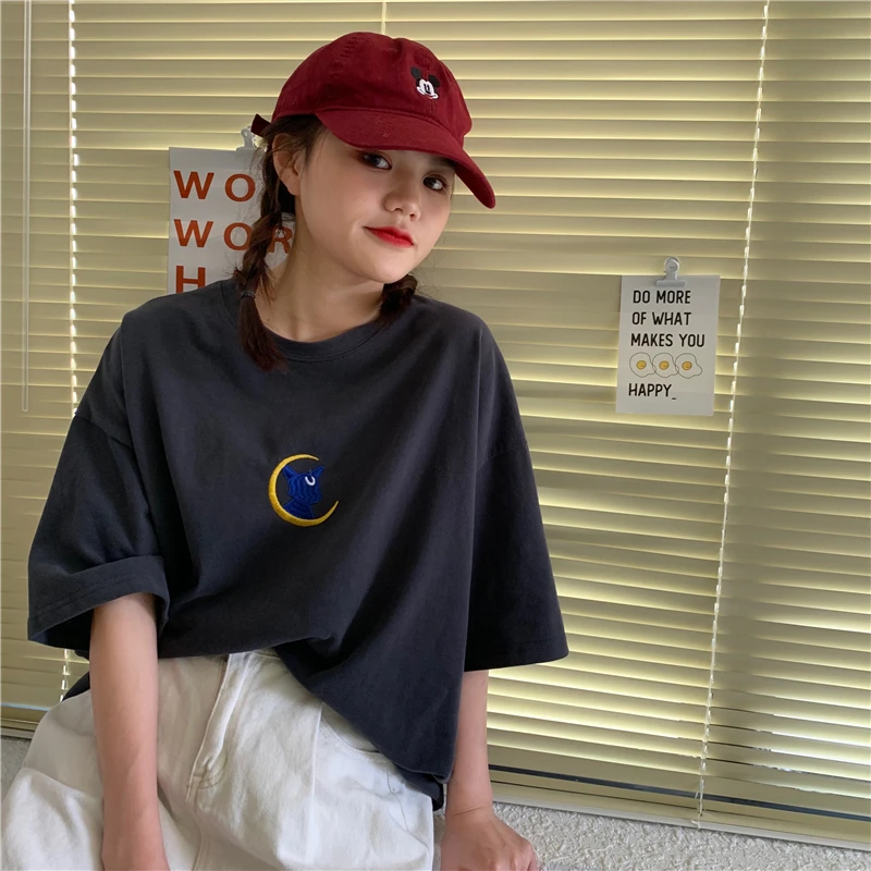 Летние футболки с мультяшным принтом рубашки вышивкой Сейлор Мун коты свободная