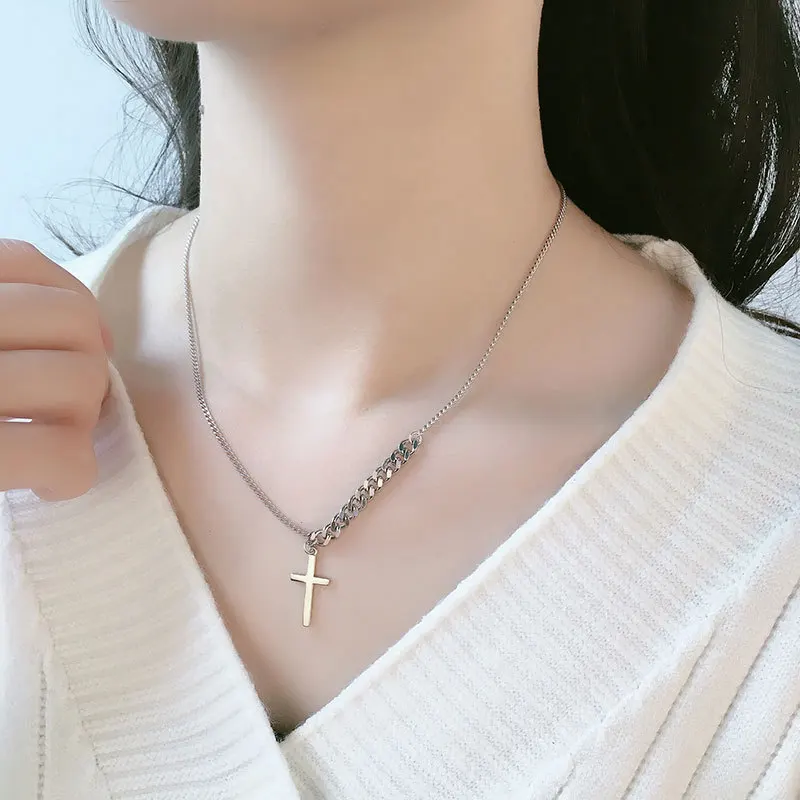 

QUEENKISS NC657 2021 Fion Jewelry Wholesale Fashion Lady Girl Birthday Wedding Simplicity Cross 925 Silver Pendant Necklace