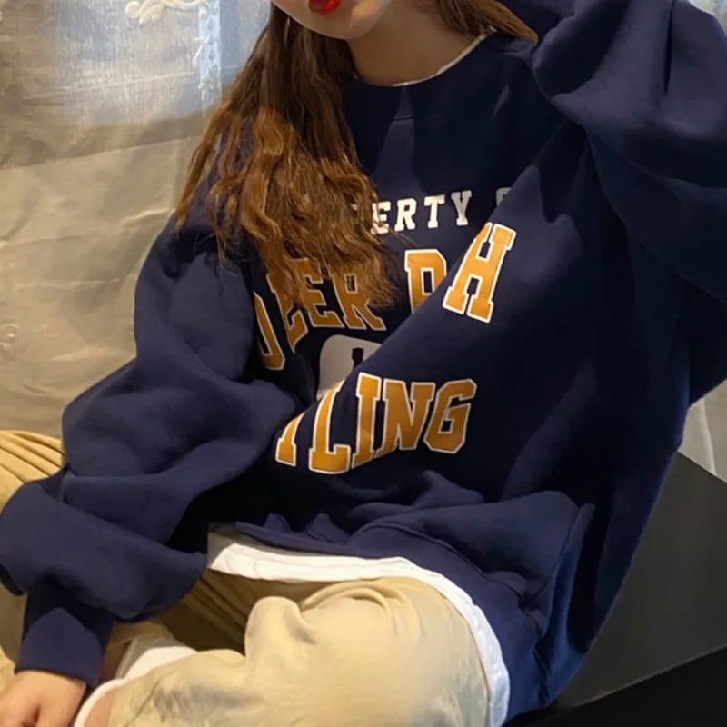 

Women Winter Autumn Tops Casual Loose Vintage Sweat Shirt Female Sweatshirts Ladies Fashion Warmth False Two-piece Clothing