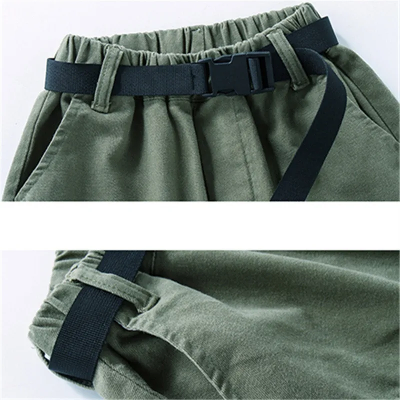 

Korean Fashion Teen Girl Cotton Cargo Pants Streetwear For Kids Children High Waisted Casual Trousers With Belt Beige Army Green
