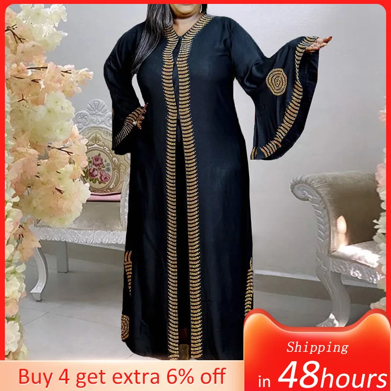 Женское платье в африканском стиле новое осеннее Черное длинное с расклешенным