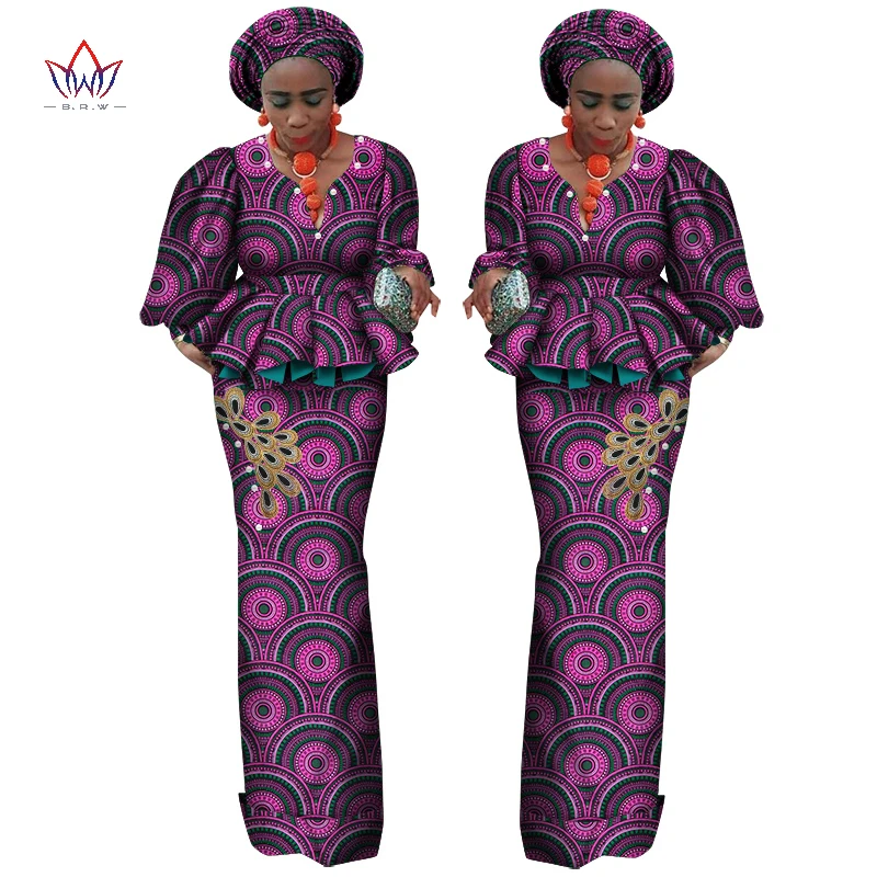 African Lantern Sleeves Print Tops and Skirt Sets for Women Bazin Riche African Clothing 2 Pieces Customize Skirts Sets WY6115