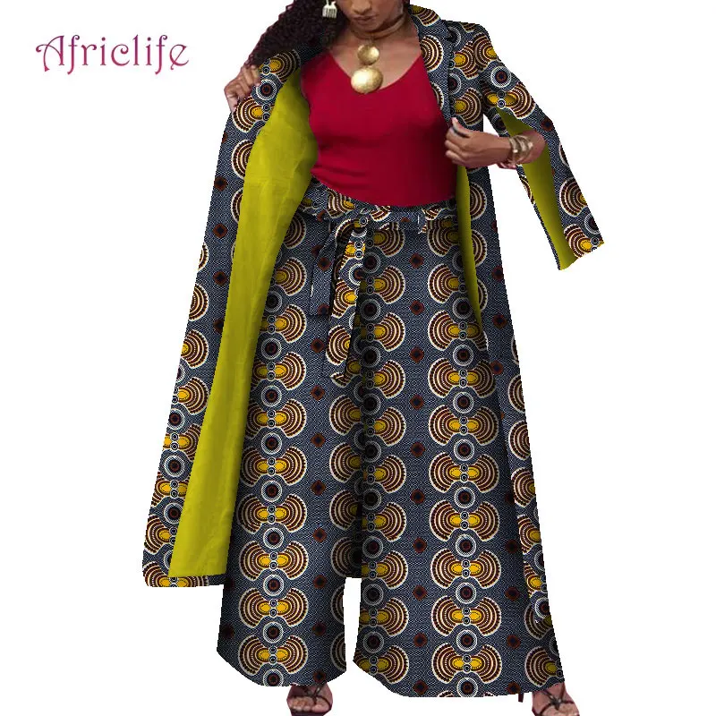 African Dresses for Women Pant Suit 2021 Long Coat and Wide Pant with Belt Fall Winter Warm Clothes Print Suits Clothing WY8479