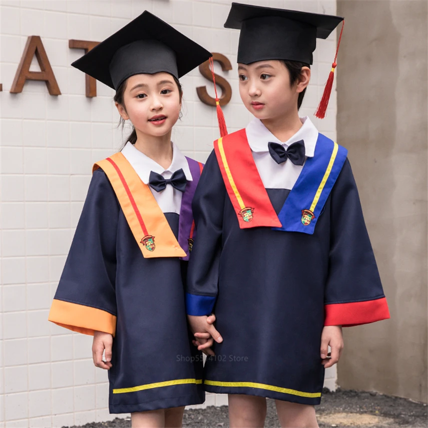 

New Student Uniform Academic Dress Set for Kids Baby Boy Girls Kindergarten Graduation Chorus Stage Performance Clothing Hat Set