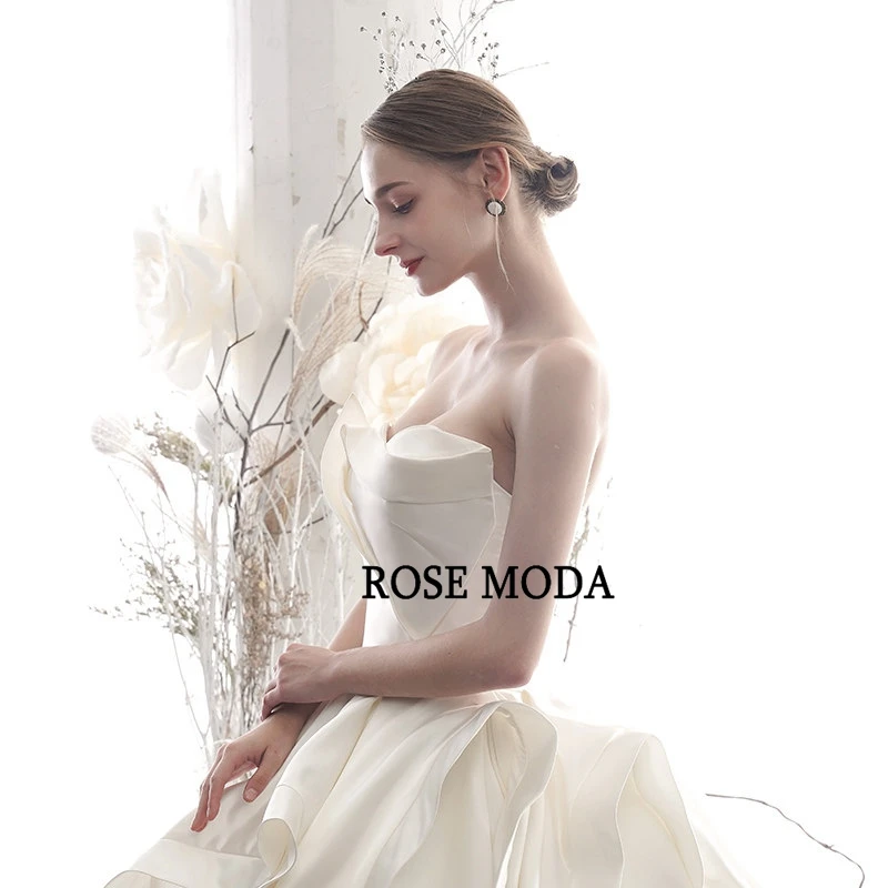 

Rose Moda Classic Satin Wedding Dress with Long Train Strapless Vintage Wedding Gown Lace Up Back Custom Make
