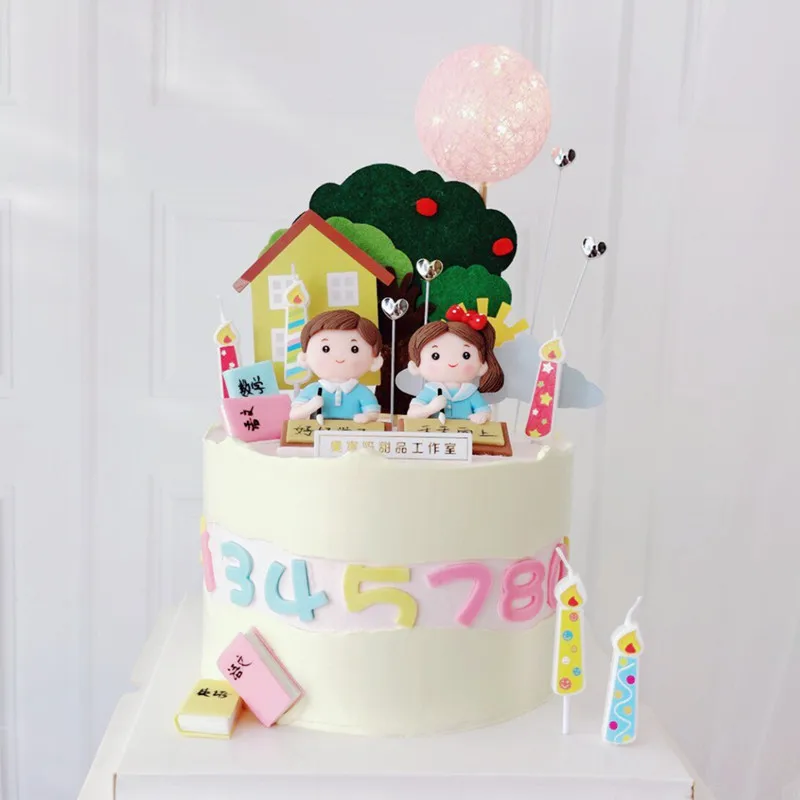 

Happy Birthday Cartoon Cake Topper Boy Girl Graduate Handwritten Class Blank Card Dessert Supplies Graduation Party Decoration