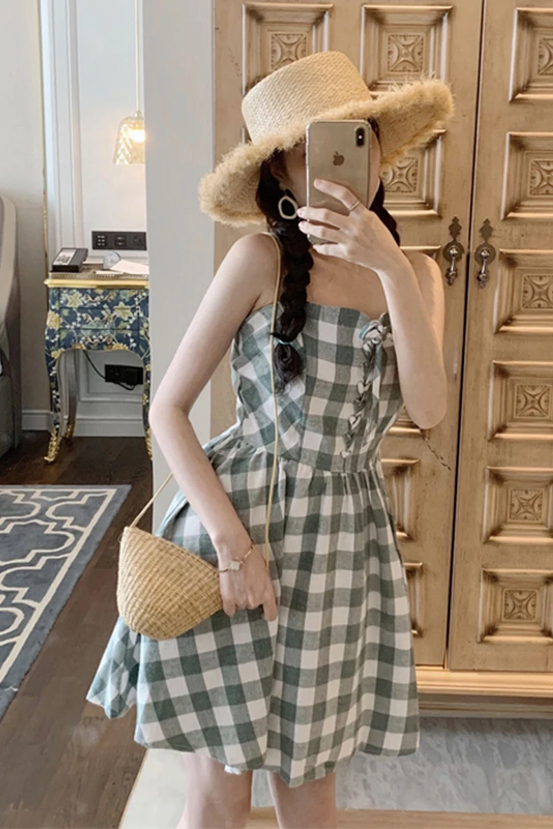 

sweet plaid bow summer style Korean Trend Women's Clothing spaghetti strap spaghetti strap mini-dress high quality vestidos new