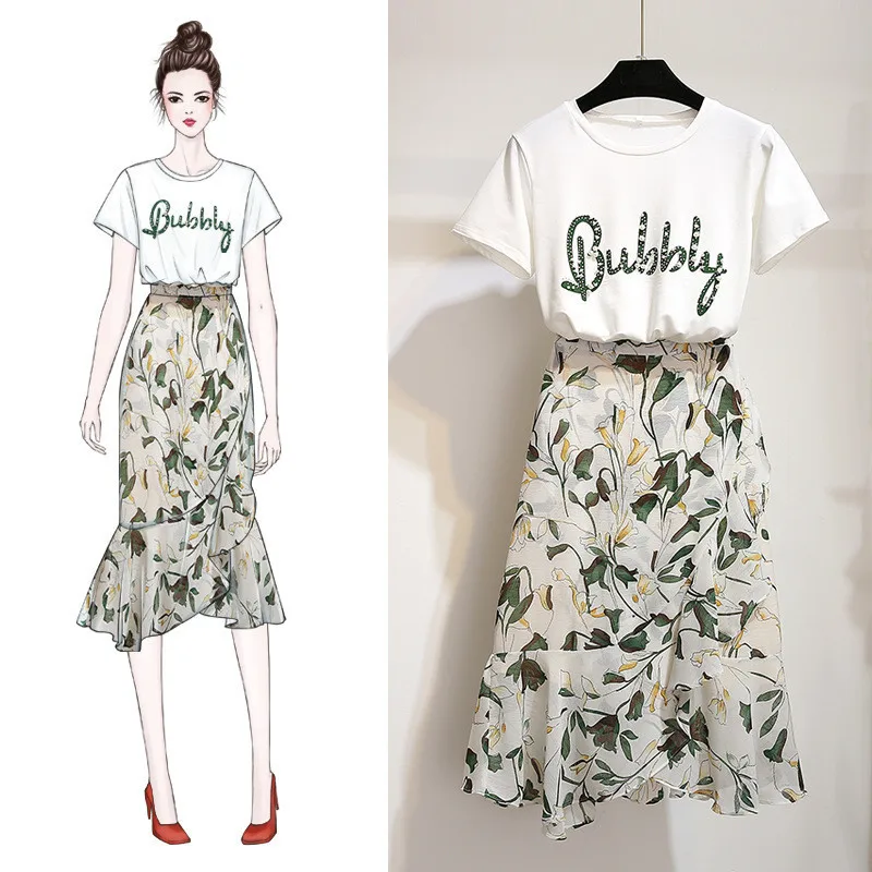 

S-2XL 2020 Womens 2 piece sets woman clothes 2 piece skirt set beach outfit cotton t shirt and print skirt shir prin