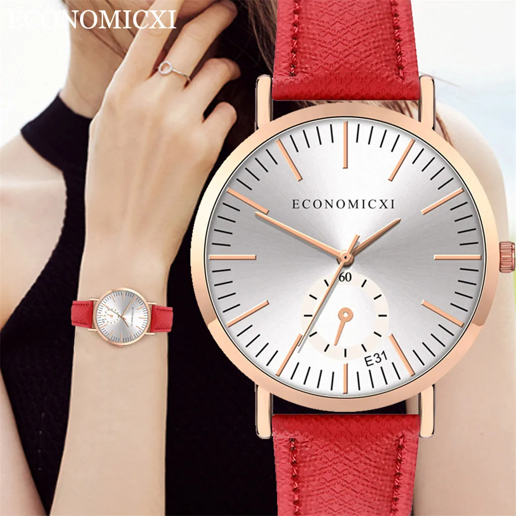 Модные женские часы с кожаным ремешком кварцевые аналоговые круглые наручные