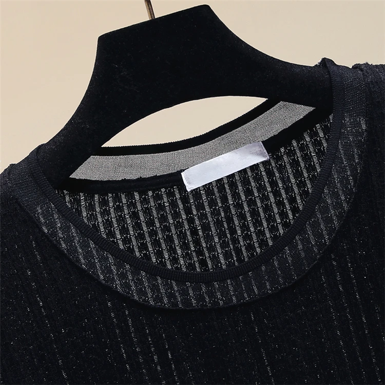 

Knitted Shirt Round Neck Handmade Beaded Pure Cotton Short Sleeve Loose T-shirt Women's New Top 2021 Summer Pullover Knitwear