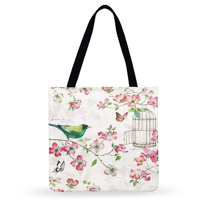 

Women Casual Tote Fresh Chinese Watercolor Bird Print Tote Bag For Ladies Shoulder Bag Outdoor Beach Bags Foldable Shopping Bag