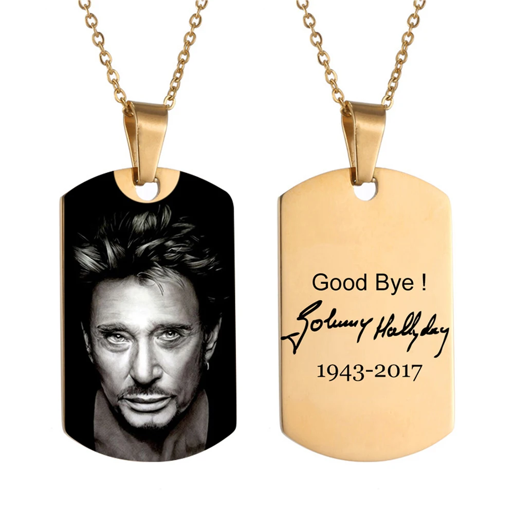 Johnny Hallyday Photo Name Custom Necklace Heart ID Tag Hip hop Personalized Stainless Steel Gold Color Chain Women Men Jewelry