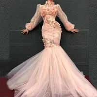 pink mermaid evening dresses 2022 women formal party robe de soiree muslim high neck long sleeves tulle vestidos long prom dress