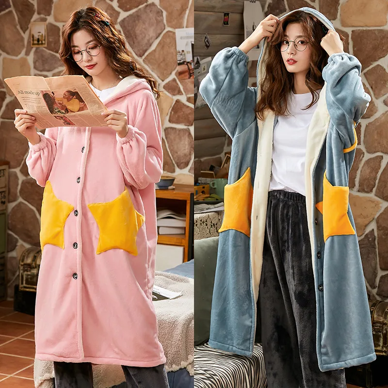 

M-5XL Women'S Autumn And Winter New Coral Fleece Pajamas Long Sleeve Cardigan Nightgown Home Service
