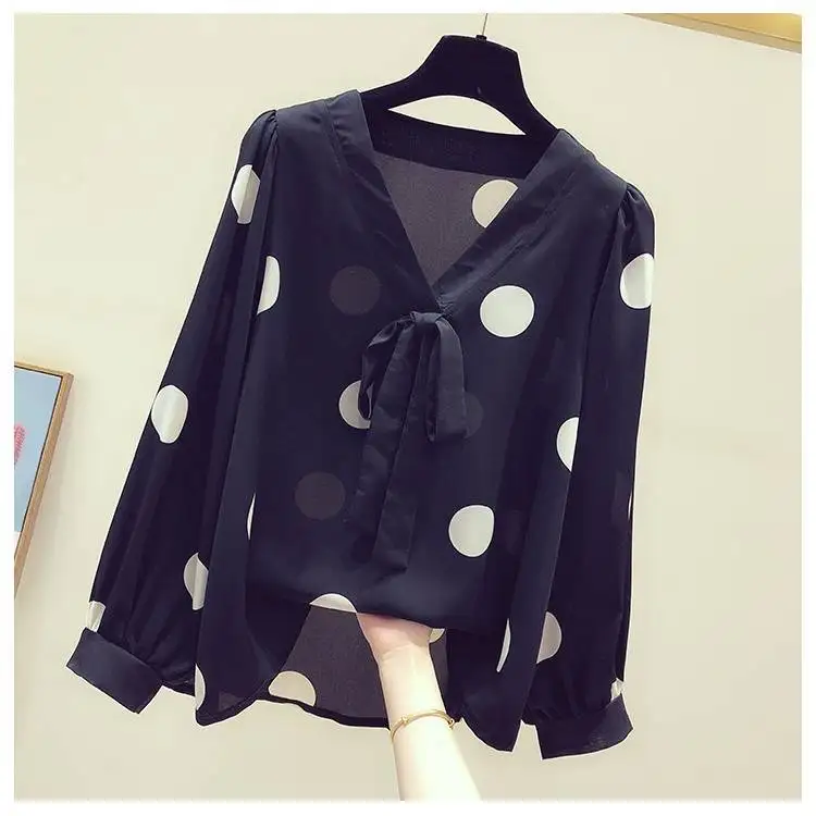 

Spring and autumn new bow polka-dot shirt women 2021 new Korean version of Joker shirt printed V-neck long-sleeved shirt