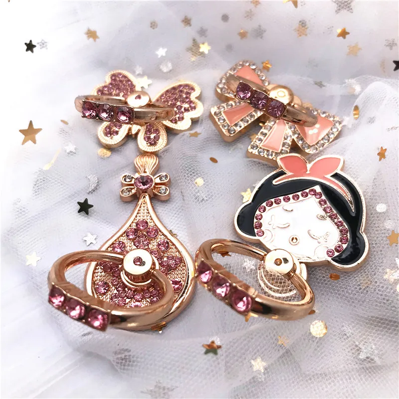 Металлическое кольцо-держатель для смартфона с розовым бантом и бабочкой |