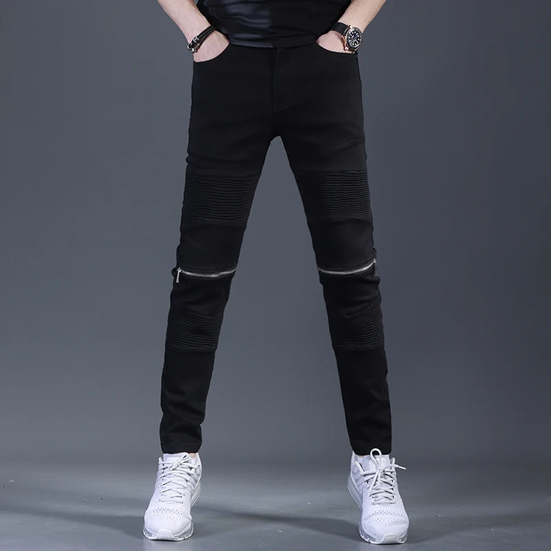 Summer New Black Jeans Men Streetwear Zippers Patchwork Slim Fit Denim Pants