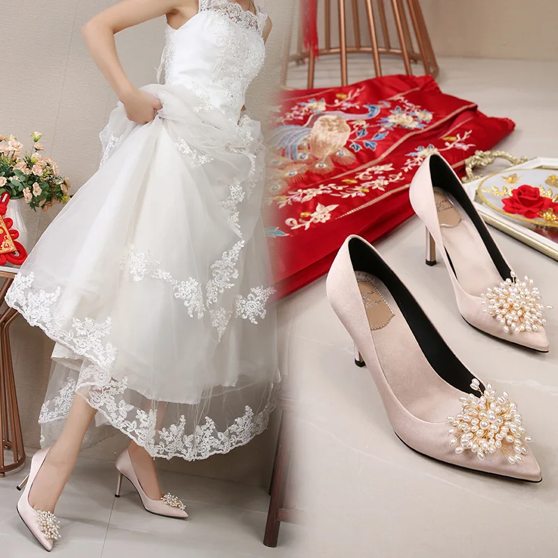 Red Wedding Shoes Banquet Women's High Heel Shoes 2020 New Style Four Seasons Large Size WOMEN'S Shoes Thin Heeled Bride Shoe
