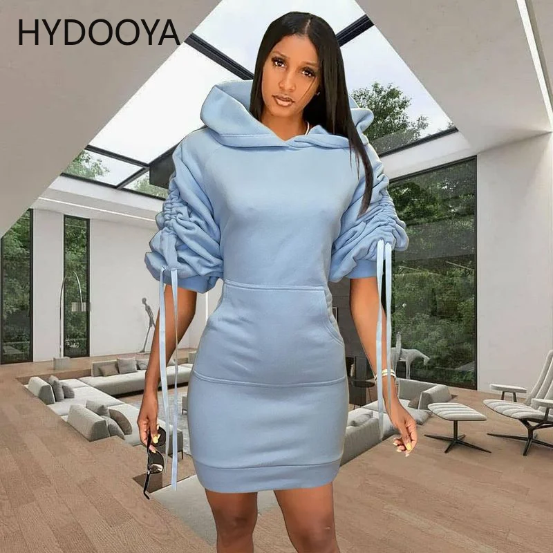 

Autumn Winter Plush Hoodies Women's Dress Casual Hooded Ruched Drawstring Full Sleeve Vestidos Warm Pocket Sweatshirt Robe Femme