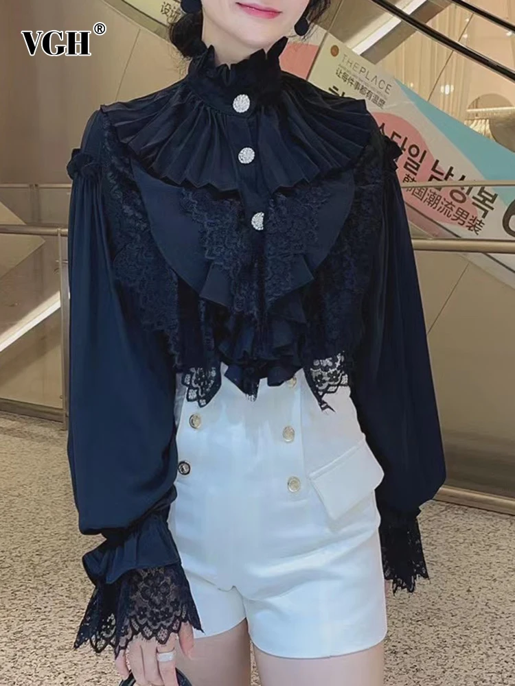 

Женская кружевная блузка с воротником-стойкой и длинным рукавом