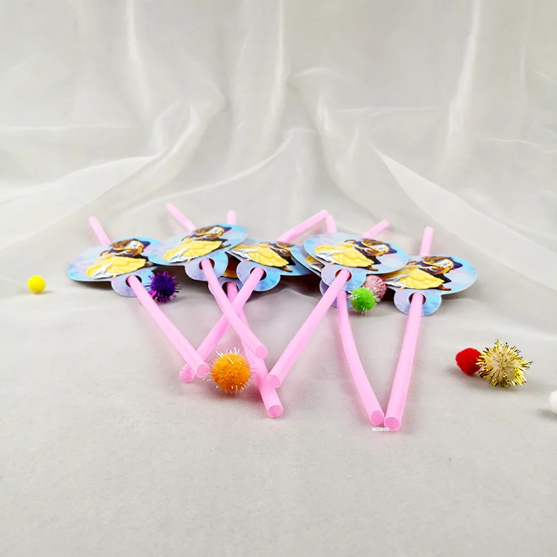 6pcs straw Красота и чудовище тема Дети сувениры украшения день рождения тарелки скатерть чашка соломинки флаг нож вилка ложка душ ребенка - Цвет: 6pcs straw