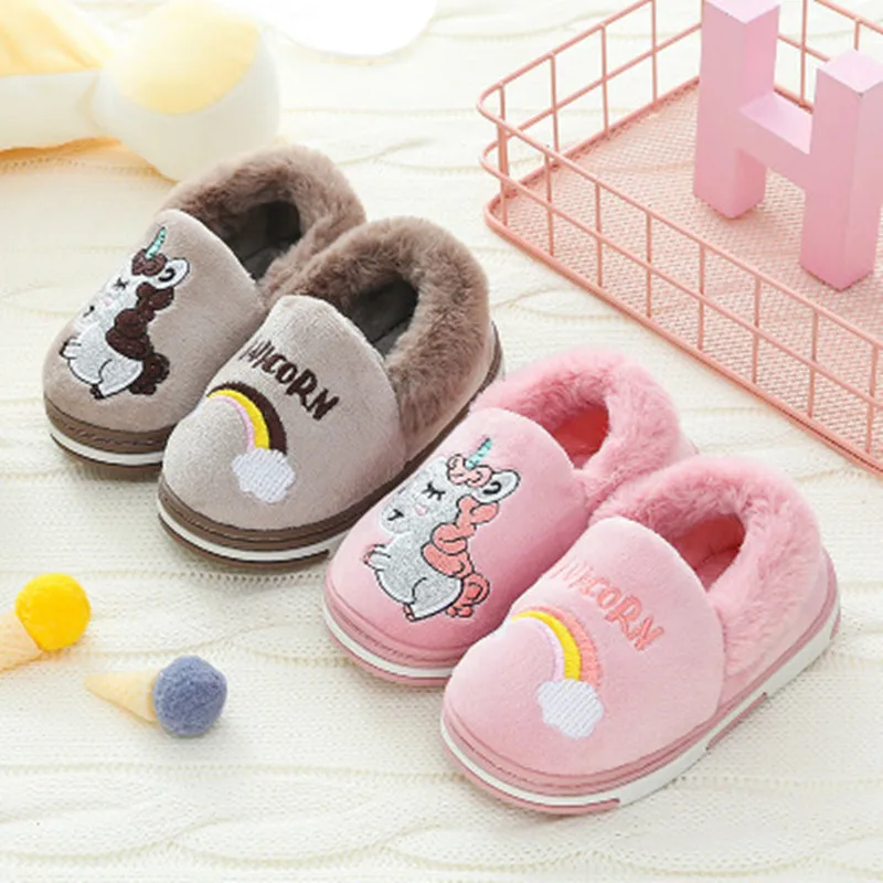 Детские зимние тапочки с радужным единорогом для маленьких мальчиков и девочек