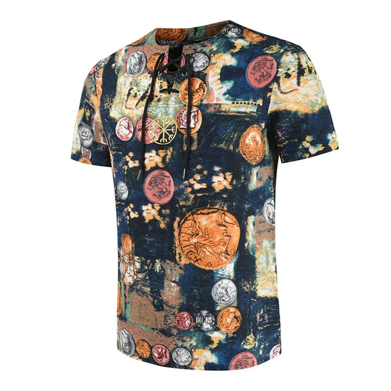 

Men Boho Coin Print Lace-up Short Sleeve T-shirt Summer Casual Party Tee Tops