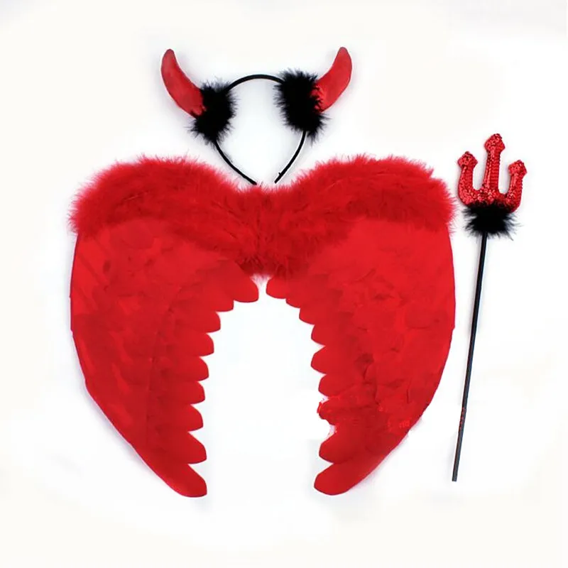 Красный черный дьявол перья крылья повязка на голову палочка косплей костюм