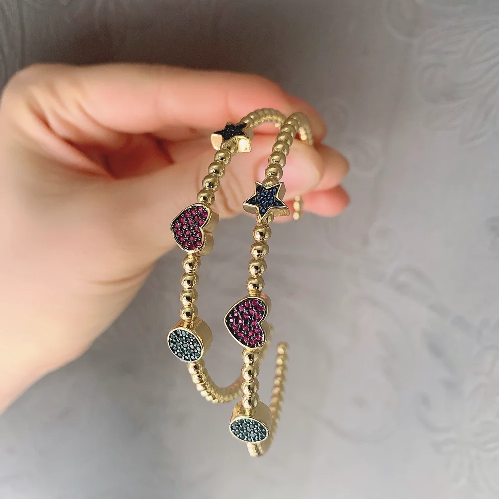 

3PCS, Gold Color Fashion Crystal Open Bangle Bracelet for Women Paved CZ Zircon Heart Cuff Bangles Jewelry