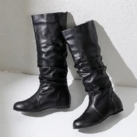 autumn and winter womens boots pu leather solid color pleated mid tube boots knight boots plus size 34 43