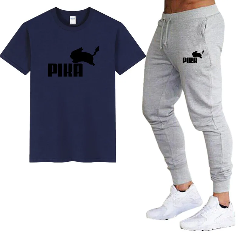 4Navygray gray Летние популярные мужские комплекты новые футболки с принтом пика+ штаны комплекты из двух предметов Повседневный Спортивный костюм Мужская Повседневная футболка тренажерные залы Фитнес Брюки - Цвет: 4Navygray gray