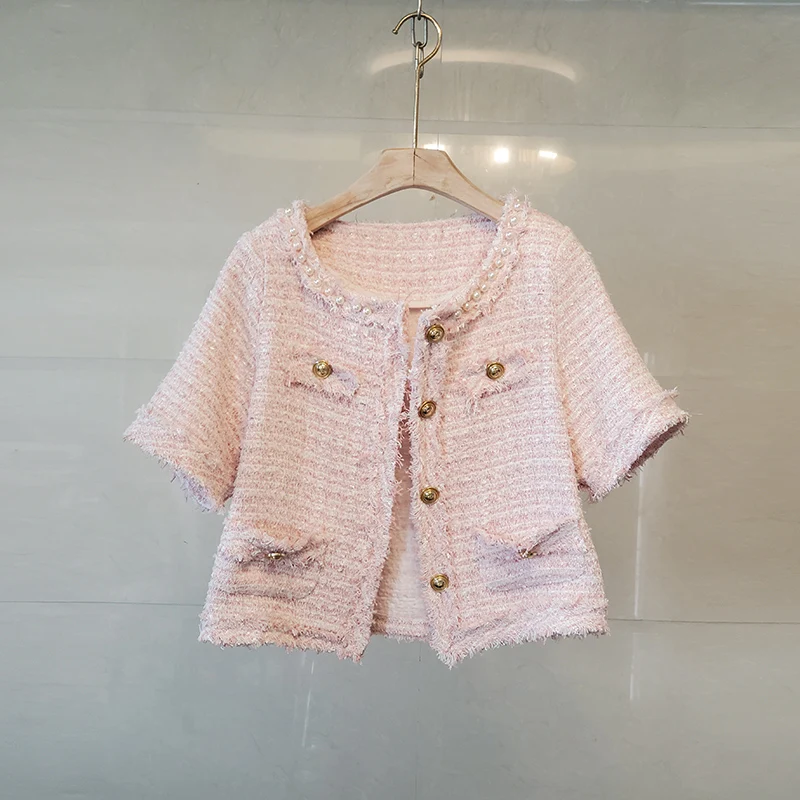 

Summer Tweed Jackets Coats Women O-Neck Short Sleeve Casual Woolen Outwear Plaid Pockets Tassel Pink Pearls French Coats C125