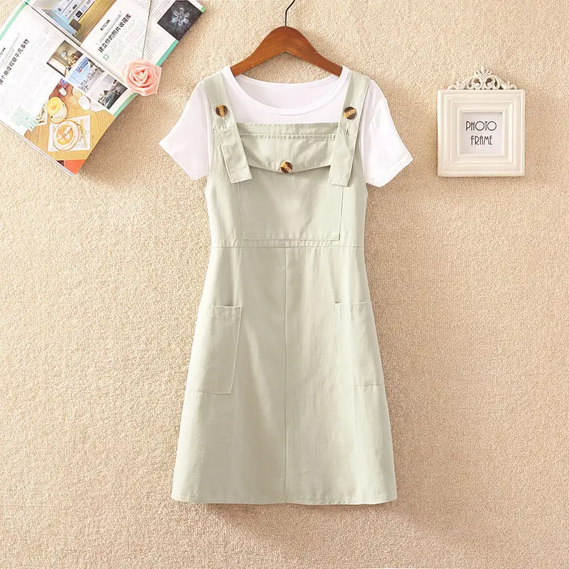 

2020 New Summer Women's Solid Color Fashion T Shirt Tops + Strap Sweet Skirt Two Pieces Set Female Loose Wild Clothes Suit Z203