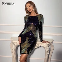 tosheiny women sequins mini dresses sexy long sleeve autumn winter o neck backless bodycon party dress 19855