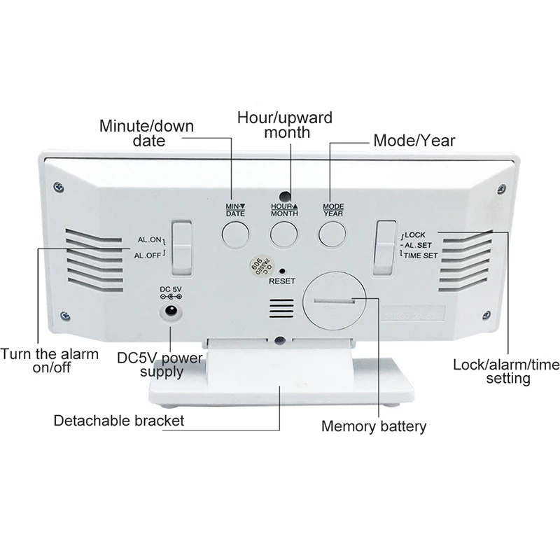 

Digital Alarm Clock LED Mirror Surface Time Display Battery Operated Month Date Day Temperature Bedside Desk Stylish Modern