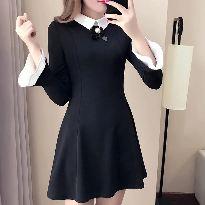

new women's fashion comfortable temperament was thin speaker sleeves turn-down vintage one-piece a-line girls black dress