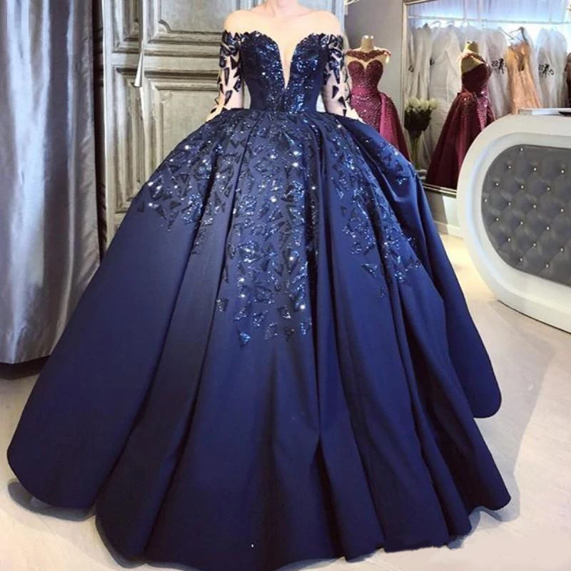 Элегантное темно-синее Атласное Бальное платье Quinceanera для выпускного вечера