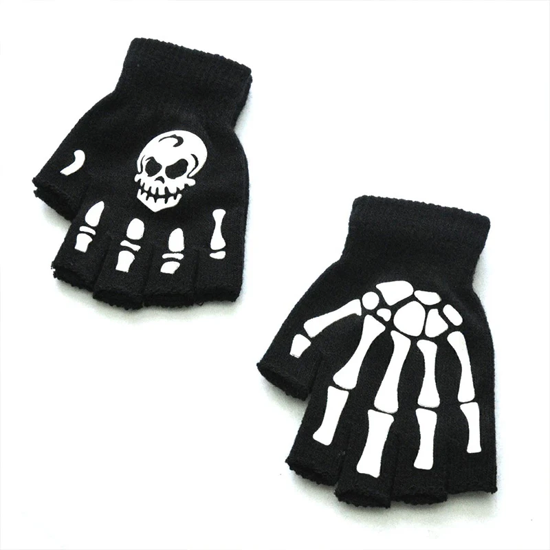 

Unisex Adult Halloween Skull Skull Half Finger Gloves Glowing In The Dark Knitted Stretch Fingerless Glove Punk
