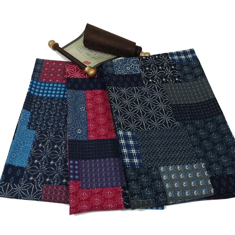 Хлопковая и льняная красно синяя ткань в стиле пэчворк с цветочным принтом для