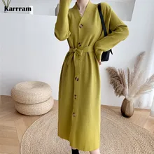 Karrram – robe pull longue en tricot pour femme, tenue décontractée, simple boutonnage, manches longues, ceinture, Chic, collection automne hiver  (3)