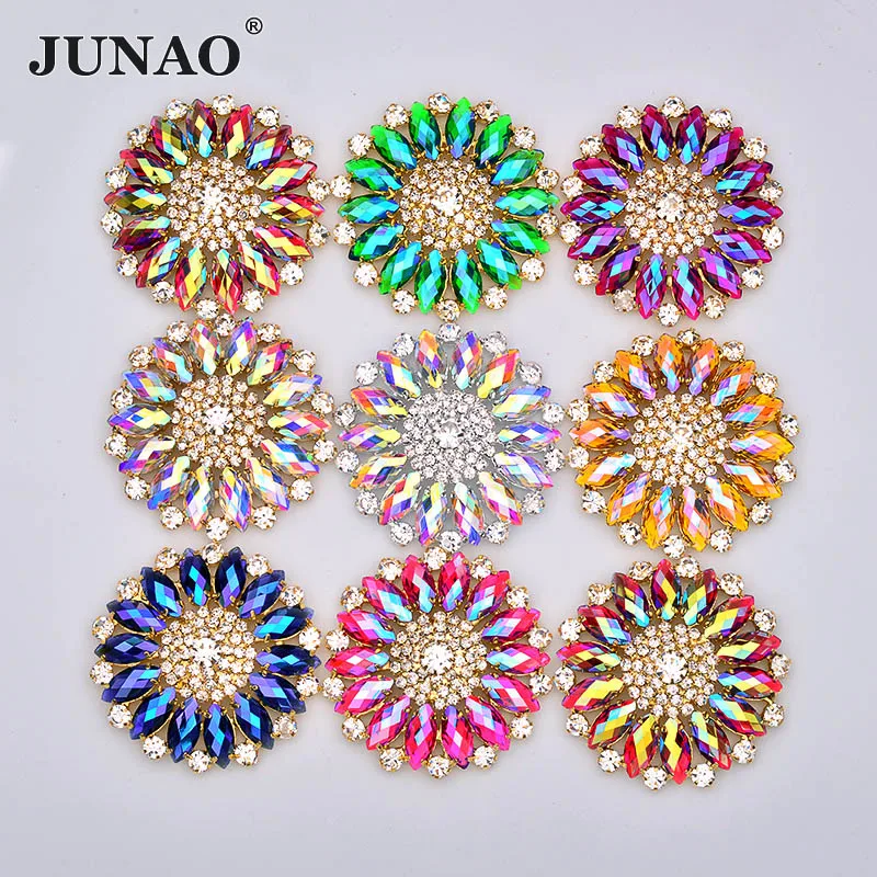

JUNAO 2Pcs 50mm Sew On Large Flower Rhinestones Gold Claw Crystal Stone With Setting Sewing Strass Applique For Clothes DIY