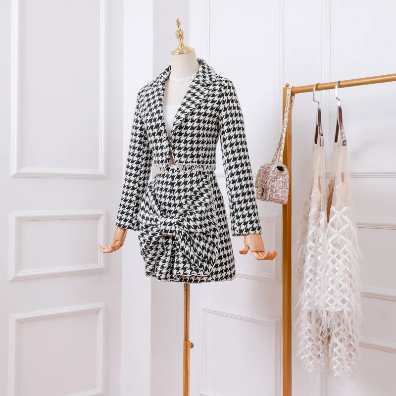 Костюм с юбкой 2019 темперамент светская тяжелая работа Хаундстут кисточкой