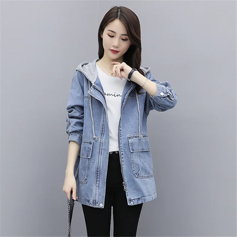 Женская джинсовая куртка с длинным рукавом свободная капюшоном модель H194 в