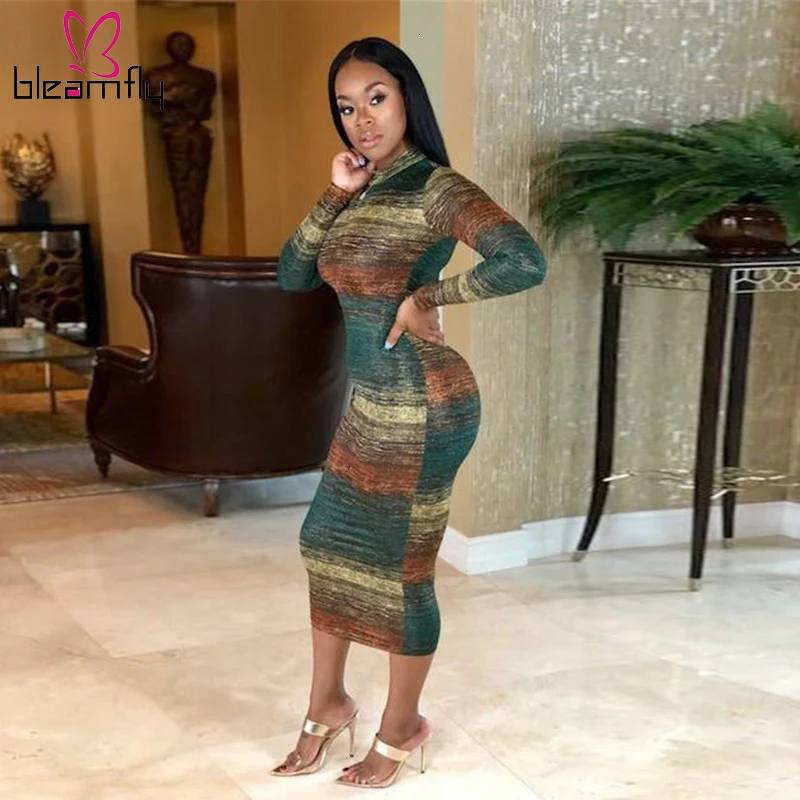 Градиентный цвет полосатый принт с длинным рукавом бодикон Платье женское